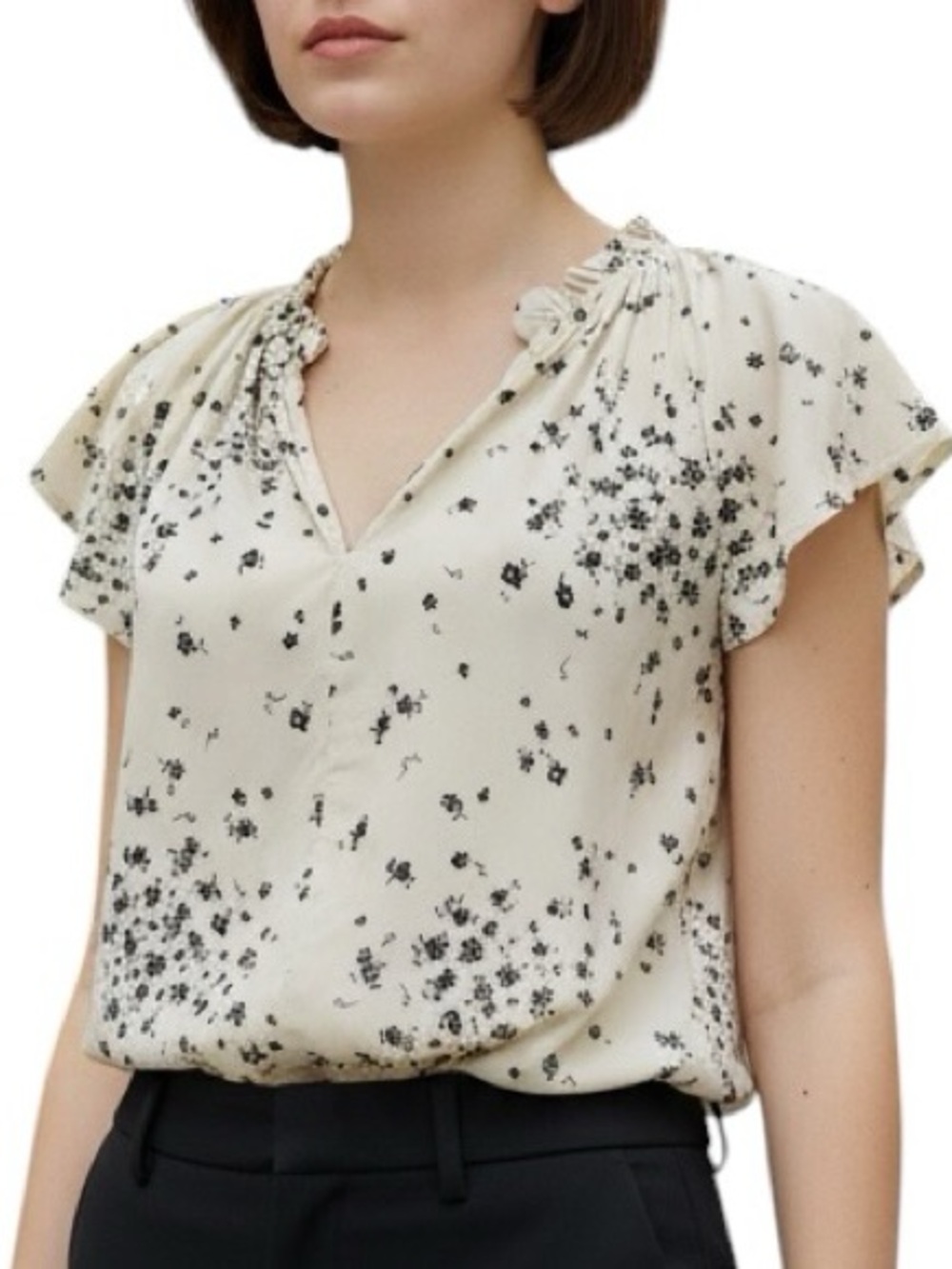 GAP Top Cream Blouse Black Floral Print Ruffle Neck Cap Sleeve V-Neck Size XS